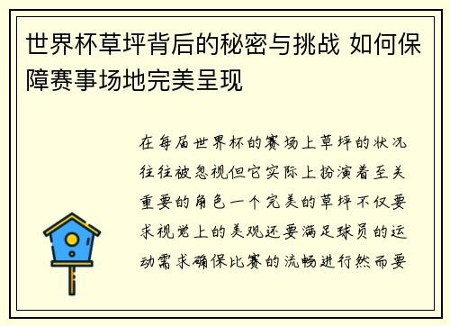 世界杯草坪背后的秘密与挑战 如何保障赛事场地完美呈现